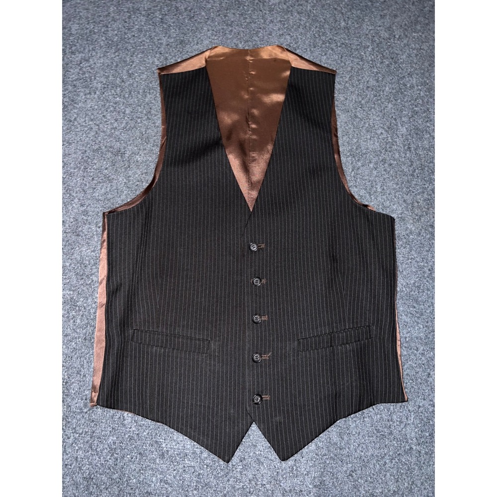 Mens Pinstripe Suit Vest Brown Black Satin Back Formal Waistcoat